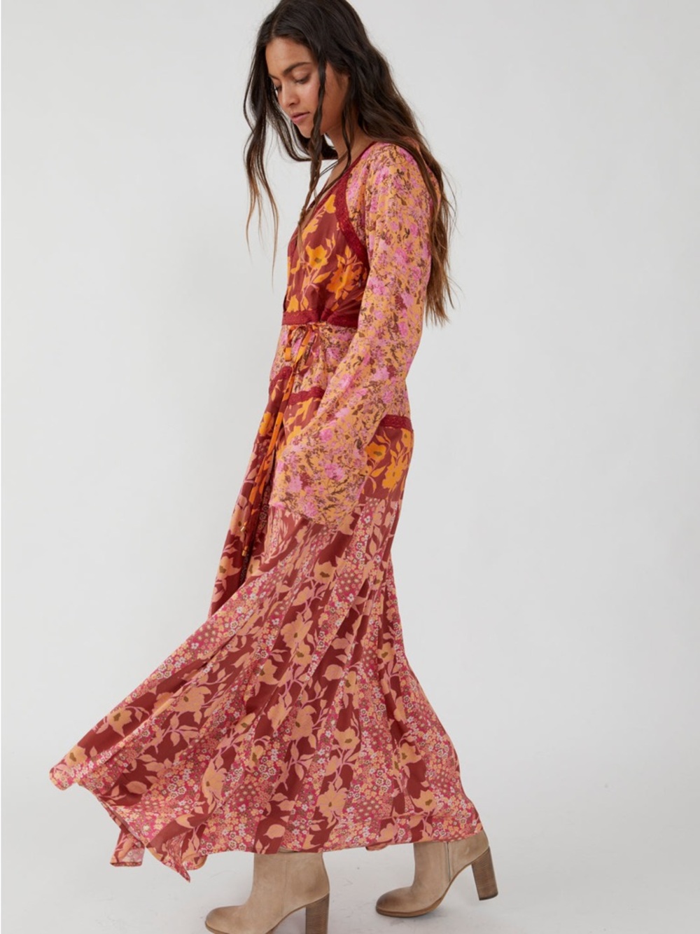 Free People Tilda Wrap Floral V-Neck Maxi Dress in Red and Pink - Picture 3 of 8